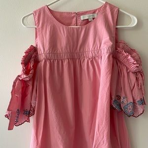 LOFT pink cotton embroidered blouse with cold shoulder and bows ties